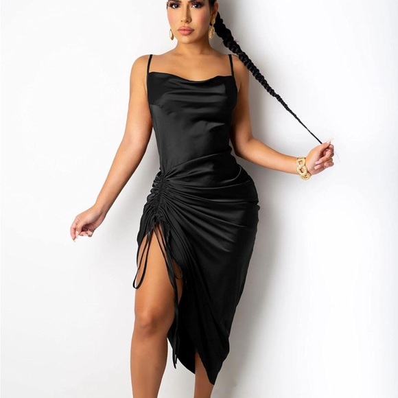 Spaghetti strap backless drawstring ruched split hem cocktail evening dress - Picture 2 of 3